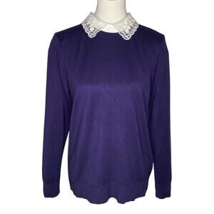 Cable & Gauge Knit Sweater Purple Lace Collar Size Large Coquette School Girl